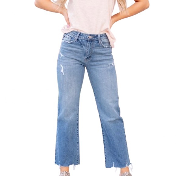 KanCan Boho Babe High Rise Slim Wide Leg Jeans Blue Wash Distressed Women's 29 - Picture 2 of 12